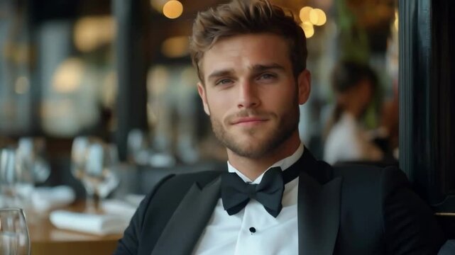 A man in a tuxedo is smiling and posing for a picture. Concept of elegance and sophistication, as the man is dressed in formal attire and he is enjoying himself