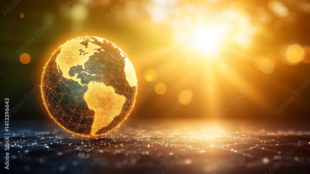 Poster a dark abstract background features a futuristic glowing globe with digital network lines