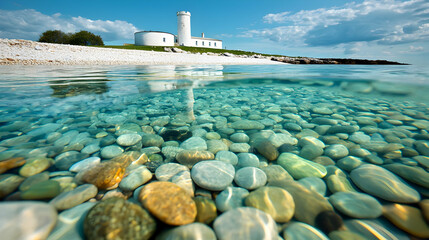 Obraz premium Crystal clear water smooth stones tranquil seascape lighthouse serenity nature photography