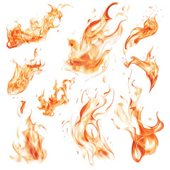 Dynamic collection of vivid and elegant fire flames in a bright, abstract design for creative uses, Elegant Fire Flames Vivid and Dynamic Isolated Elements on a transparent background