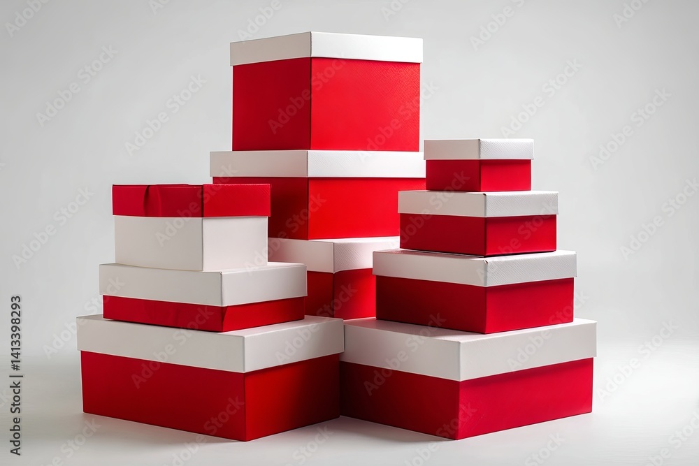 Poster a stack of red and white boxes of varying sizes arranged against a neutral background in a studio se