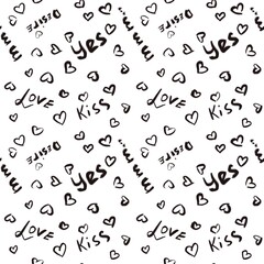 Seamless abstract holiday pattern. Simple background in black, white colors. Hearts, lettering. Digital texture. Illustration. Design for textile fabrics, wrapping paper, wallpaper, cover.