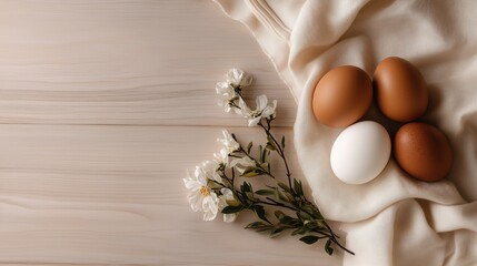 Pastel Colored Eggs in Rustic Style on Linen and Wood