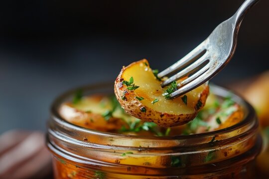 Close-up of delicious herb-roasted potatoes on fork