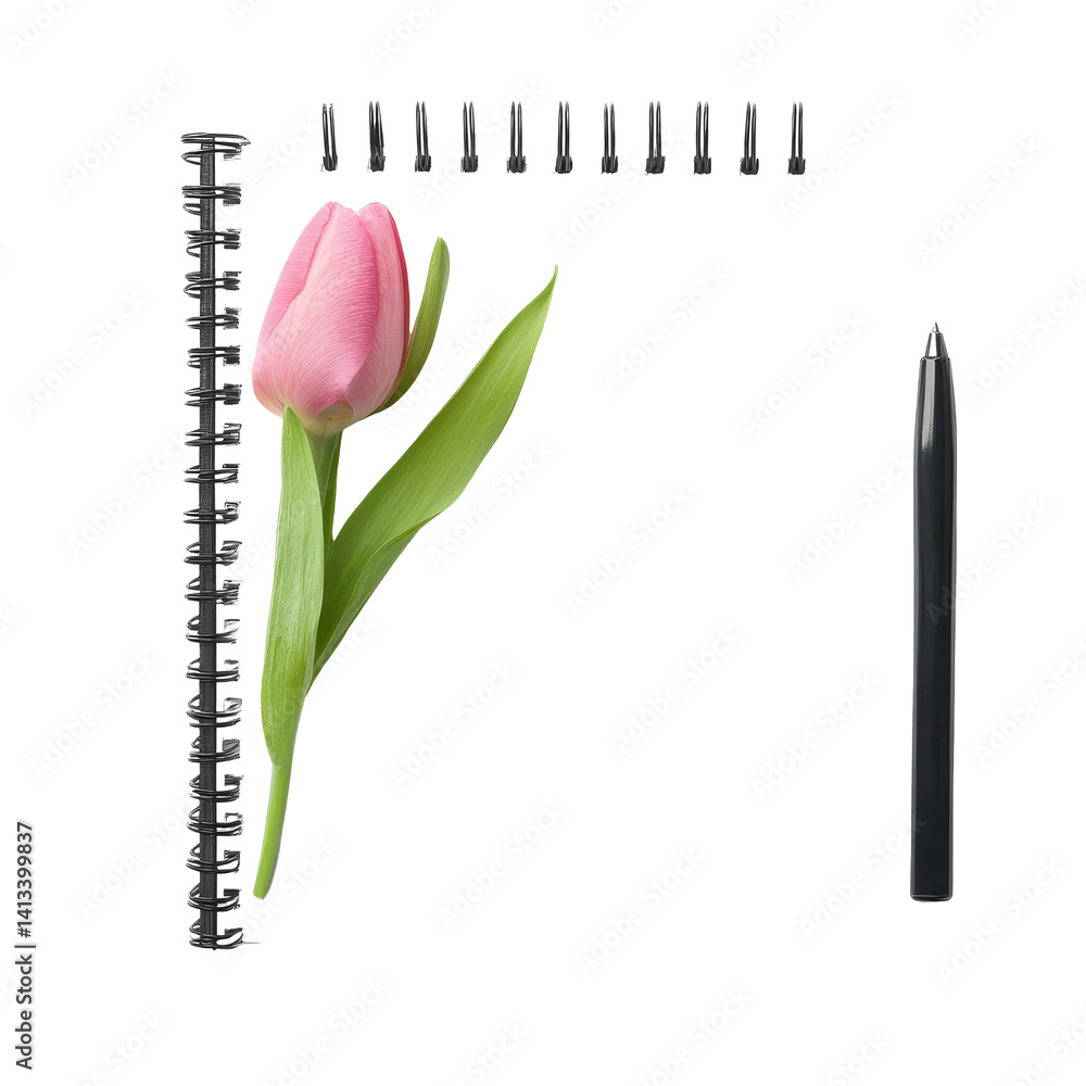 Poster a spring notepad with a pink tulip and black pen on a transparent background, ideal for notes and cr