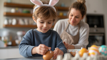 Fototapeta premium Easter egg decorating with son and mom in a bright kitchen