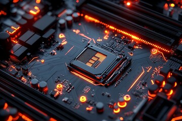 An illuminated computer motherboard with detailed electronic components visible