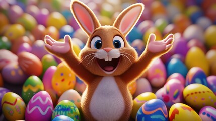 Happy cartoon Easter bunny with colorful eggs background