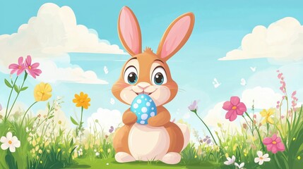 Fototapeta premium Easter bunny jumping in sunlit grass field