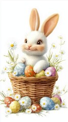 Happy cartoon bunny holding Easter egg basket in spring flower field
