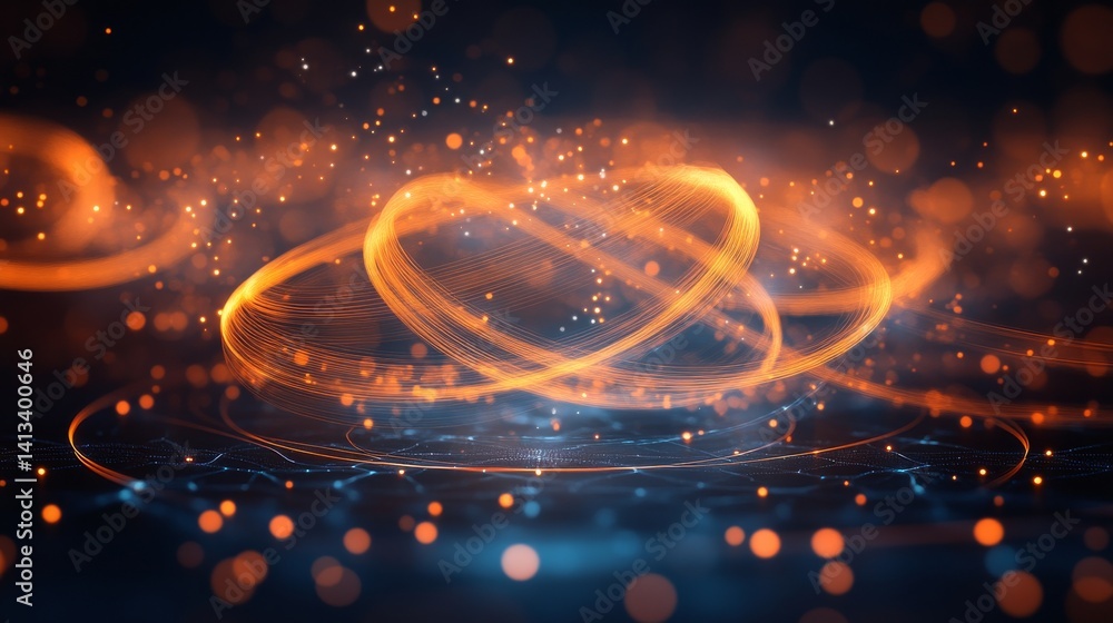 Poster geometric sphere aglow with a grid of digital lines on a dark and abstract background