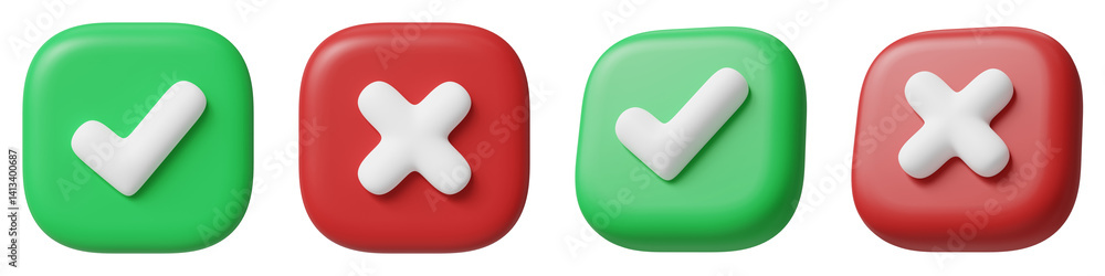 Poster Cross and check mark symbol set. Right and wrong concept. 3d icons render illustration isolated on transparent background. Cutout