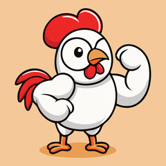 Fototapeta premium Cartoon Muscular Chicken Flexing Arm Funny Poultry Mascot Illustration