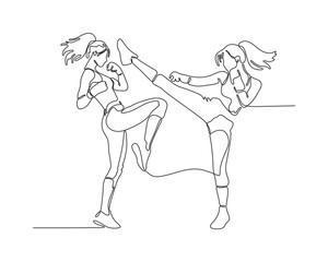 Continuous line drawing of two female fighters in dynamic kickboxing action