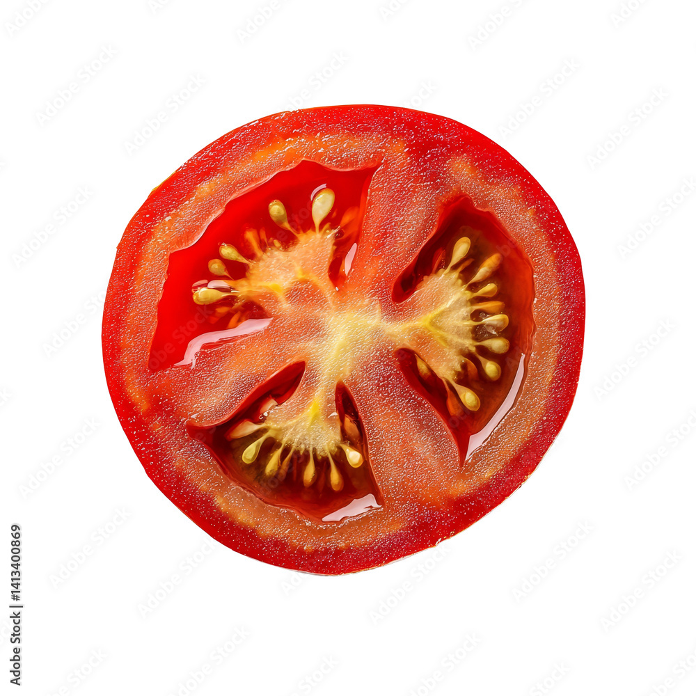 Poster fresh tomato slice isolated on a clean transparent background showcasing vibrant color and juicy tex