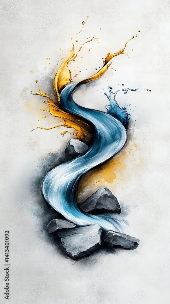 Poster dynamic stream flows in a winding path, with blue water transitioning into gold, cascading over gray
