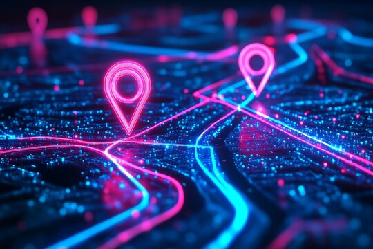 Digital Map with Neon Location Markers and City Data