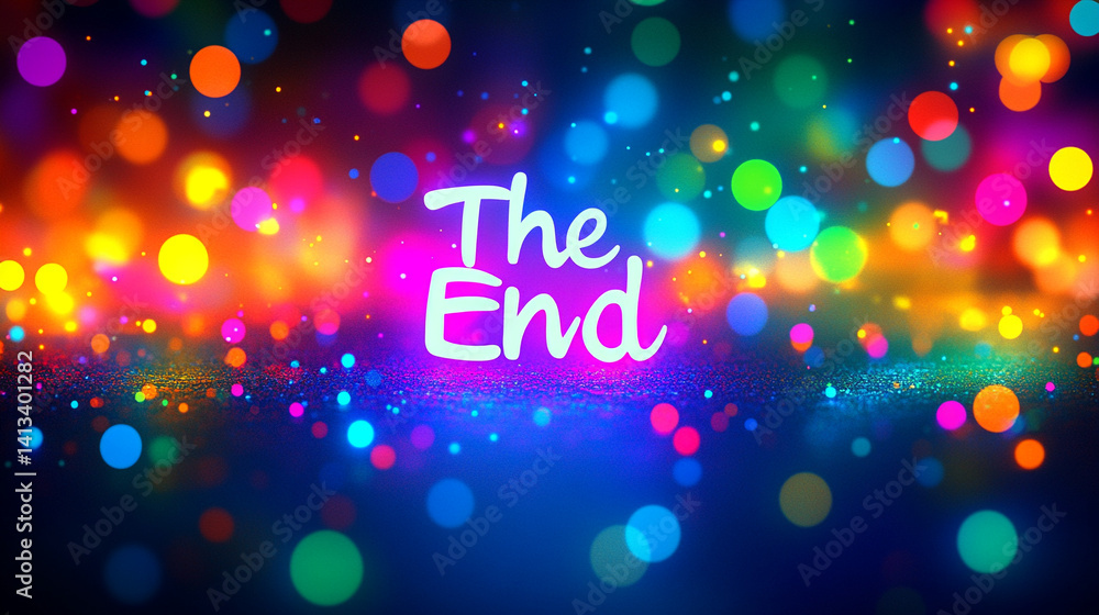 Poster abstract bokeh lights background with the end text featuring colorful bokeh circles and sparkling gl