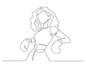 Single continuous line drawing of a confident female boxer with gloves. Sport and strength concept.
