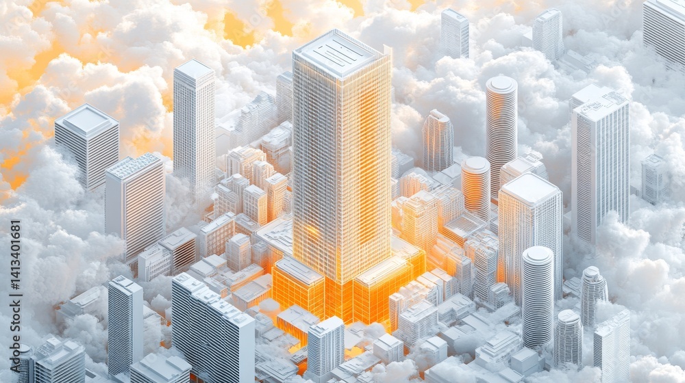Poster a computer chip is represented in a futuristic and abstract manner, featuring geometric shapes and d