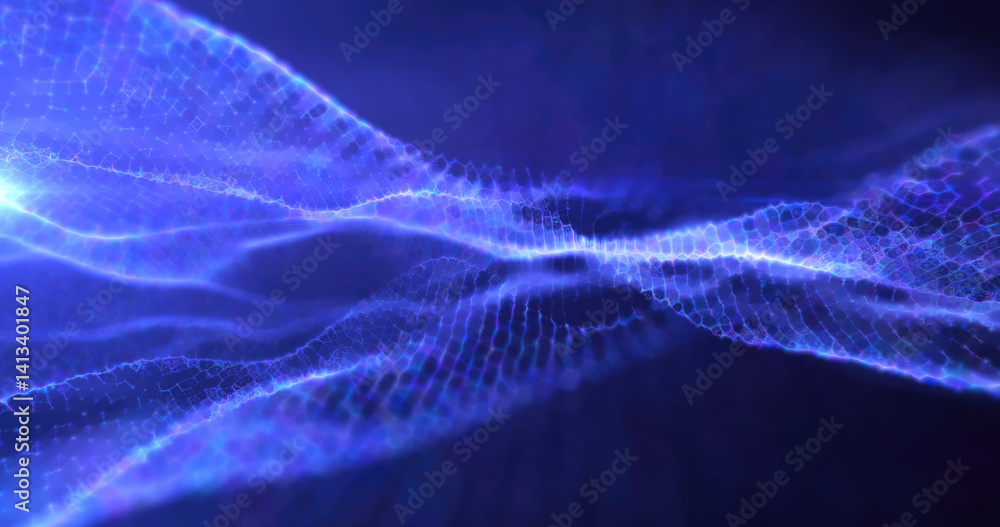 Poster abstract purple and blue digital wave pattern, creating a vivid and energetic visual with a blend of