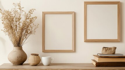 Empty wooden picture frame mockup hanging on beige wall background. Boho shaped vase, dry flowers on table. Cup of coffee, old books. Working space, home office. Art, poster.