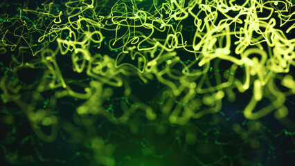 Bright neon green light trails curving and intersecting against a black futuristic backdrop