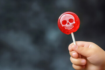 Little kid hand holding lollipop decorated with skull on black background. Unhealthy sugar, hidden dangers for children -diabetes risk, disguised drugs in candy, harmful effects of excessive sweets
