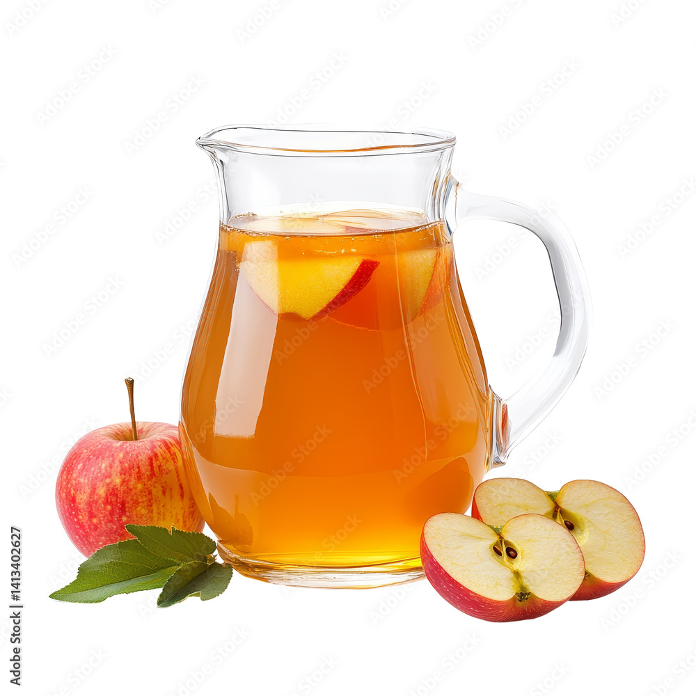Poster refreshing apple juice in a clear pitcher with whole and sliced apples on a transparent background, 