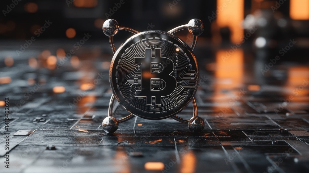 Poster a bitcoin symbol is represented futuristically within an atomic structure, symbolizing intersection
