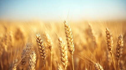 Fototapeta premium The camera zooms in on a field of golden wheat, highlighting the ripe ears in close detail