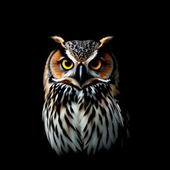 Fototapeta premium Porträt einer realistisch gezeichneten Eule mit leuchtend gelben Augen auf schwarzem Hintergrund – geheimnisvoll und detailreich.