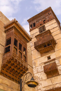 Saudi Arabia, Mecca, Jeddah, Al-Balad.Hijazi tower house with wooden Roshan windows and balconies.