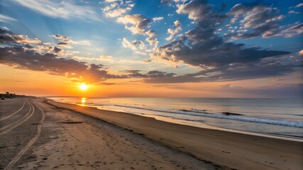 A beach scene with a large sun in the sky. The sun is setting, and the sky is a mix of blue and orange. The beach is empty, and the water is calm