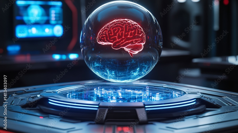 Poster a high-tech laboratory setting is home to a futuristic holographic brain display