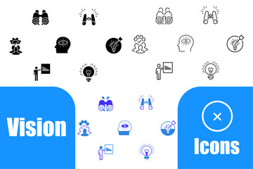Vision icon set collection. Vector illustration of creative idea, team management, solution, brainstorming, invention etc. Vision icons for web and mobile