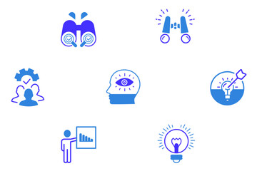 Vision flat icon set collection. Vector illustration of creative idea, team management, solution, brainstorming, invention etc. Vision icons for web and mobile