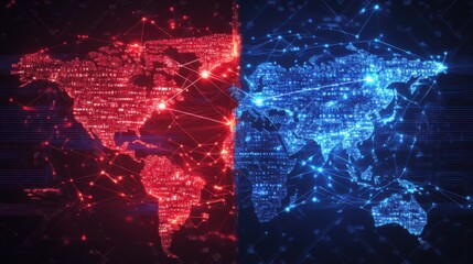Illustration of a world map split in two with red and blue tones, symbolizing global division, political tension, conflict, and international crisis