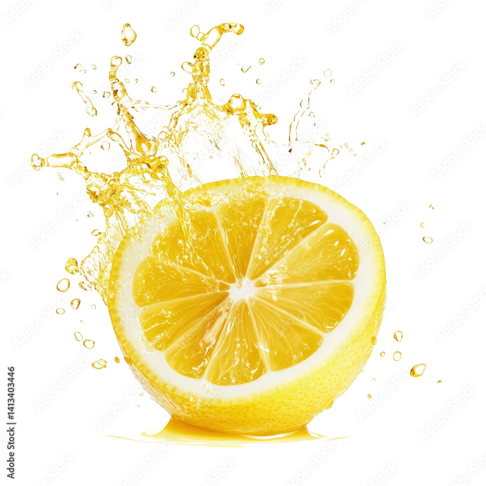 Poster fresh lemon slices create a vibrant juice splash on a clean transparent background in a bright, refr