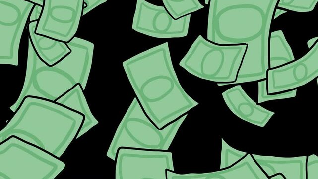 4 hand-drawn 2d transitions with bills of money that fall from above.Alpha channel with transparent background or green background to choose from