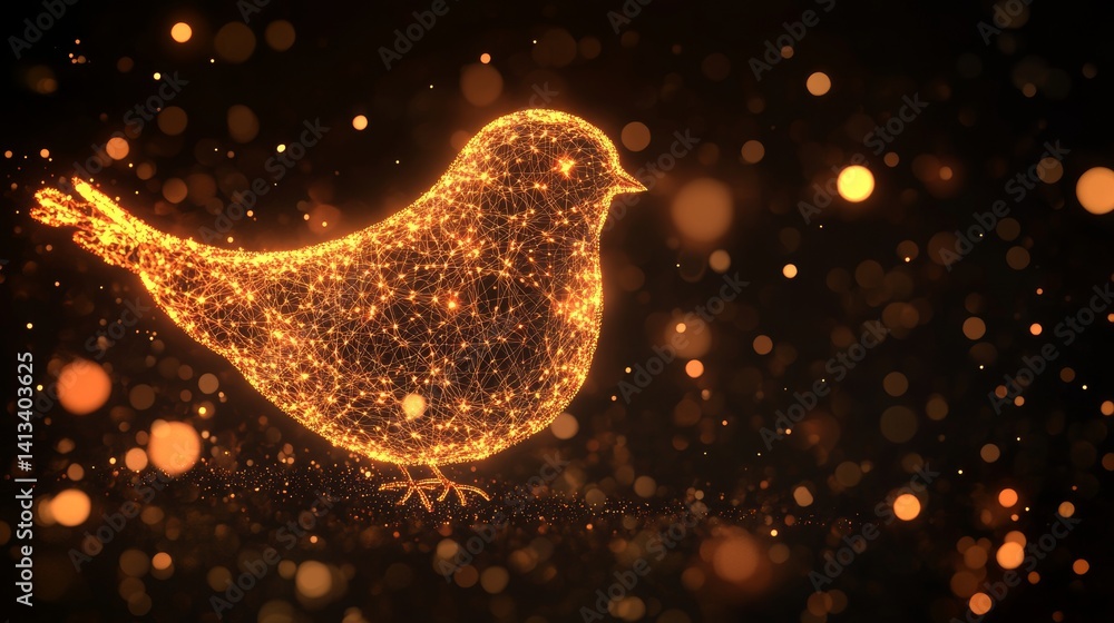 Poster neon lights adorn a glowing digital bird positioned on a background of grid lines