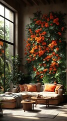 Fototapeta premium Cozy Living Room Phone Wallpaper – Floral Wall with Orange Blooms, Greenery & Beige Sofa | HD Vertical Mobile Background