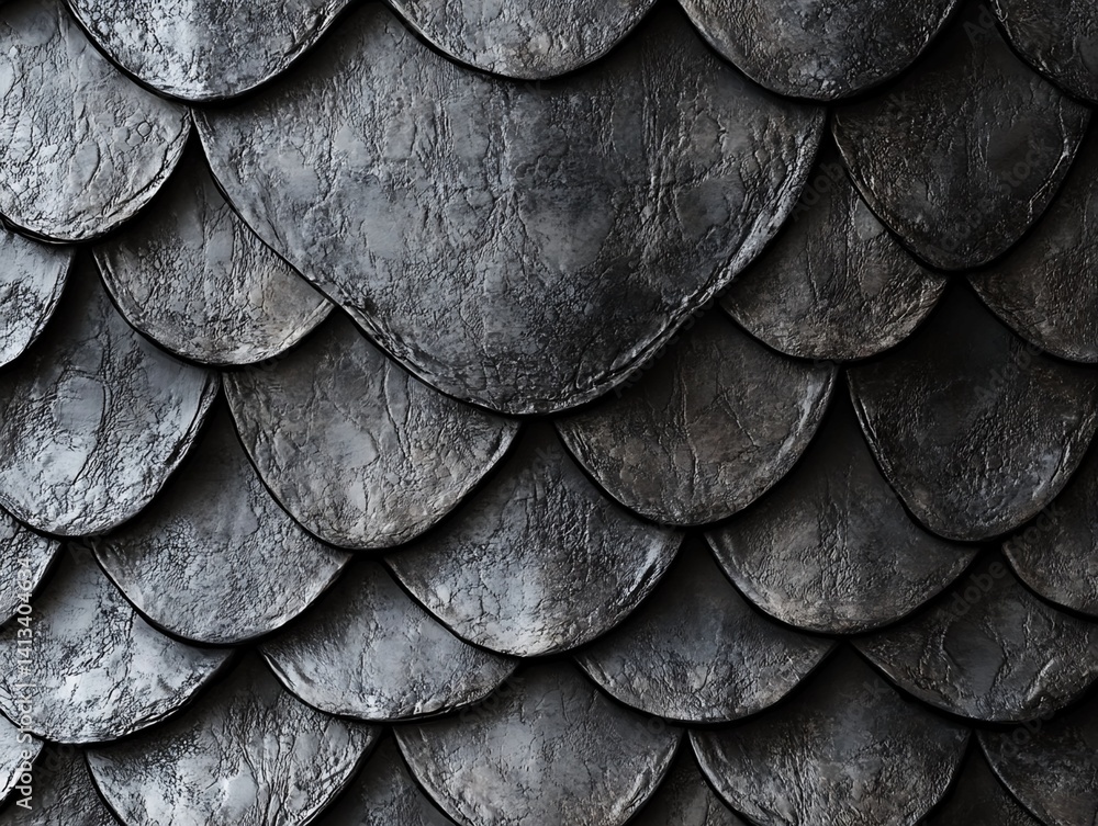 Poster image of overlapping dark gray semi-circular scale pattern