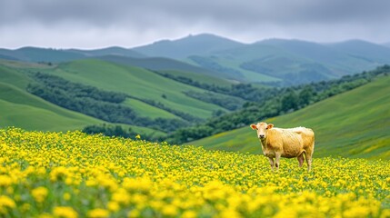 Serene sheep in misty mountain meadow pastoral landscape
