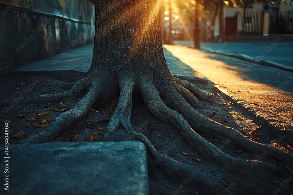 Poster close up of a tree trunk and roots on a sidewalk with sunlight shining through the branches above it