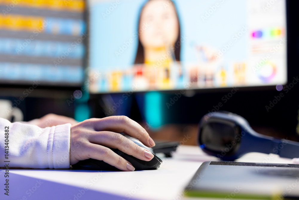 Poster photo editor color correcting photographs in creative studio using mouse and keyboard, close up shot