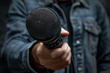 Press reporter, media coverage: microphone interview, news correspondent, field journalism, live update, broadcasting scene, investigative work, event report, journalist duty, breaking news,