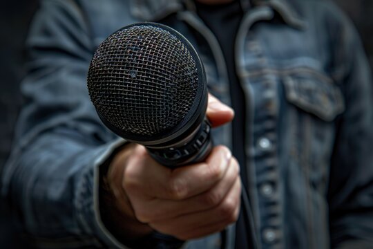 Press reporter, media coverage: microphone interview, news correspondent, field journalism, live update, broadcasting scene, investigative work, event report, journalist duty, breaking news,