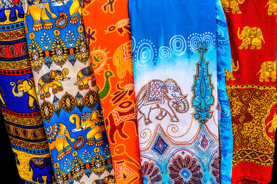 Colorful elephant pants souvenir, Bangkok, Thailand. Light and airy in hot climate.