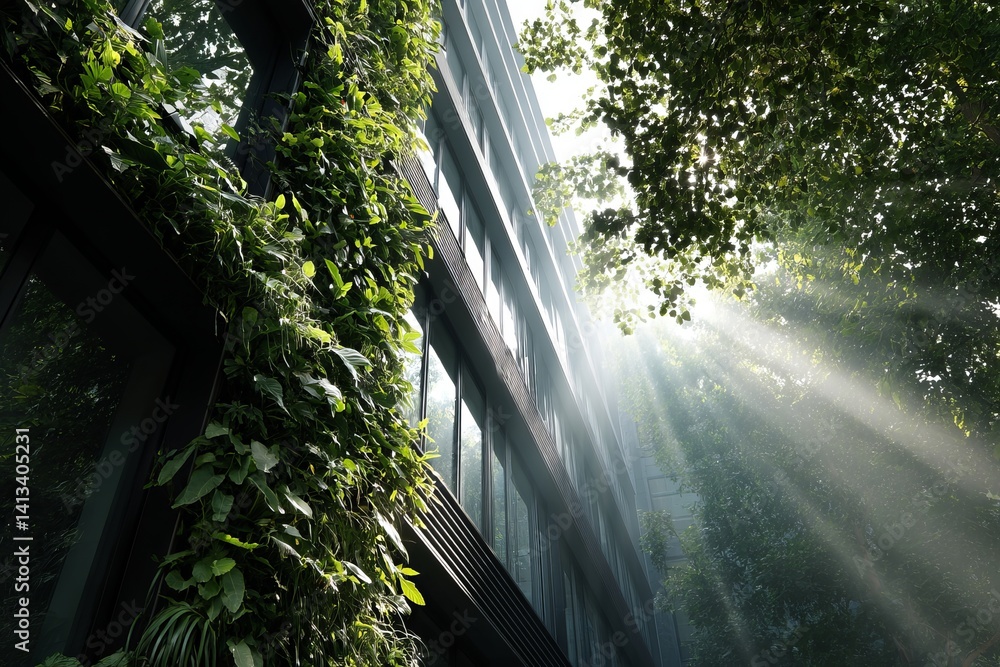 Aufkleber building facade covered in greenery with sunlight streaming through the trees nearby creating a glow